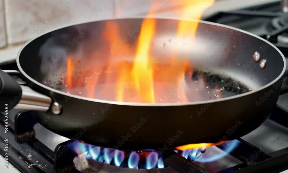 A hot fire flame burning under a black pan on the stove, used for frying or cooking food.
A hot fire flame burning under a black pan on the stove, used for frying or cooking food.