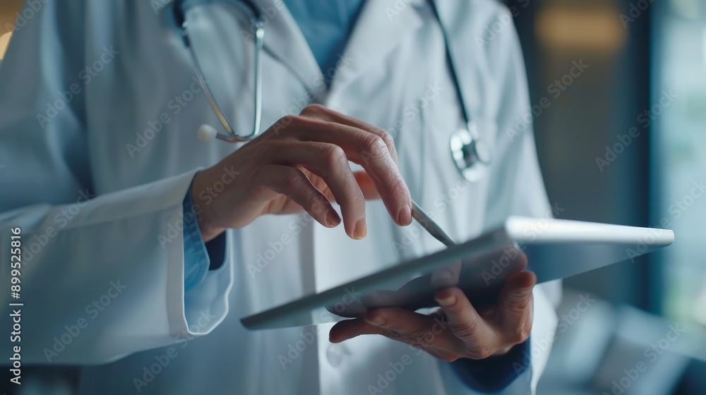 A doctor using a digital tablet to explain a diagnosis A doctor using a digital tablet to explain a diagnosis