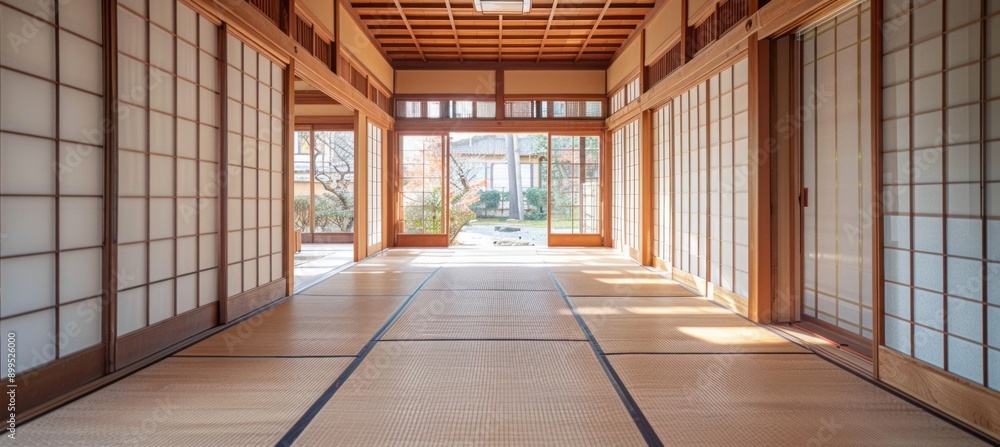 Obraz premium Japanese traditional house interior building architecture with shoji dividers and tatami. Generative AI technology. 