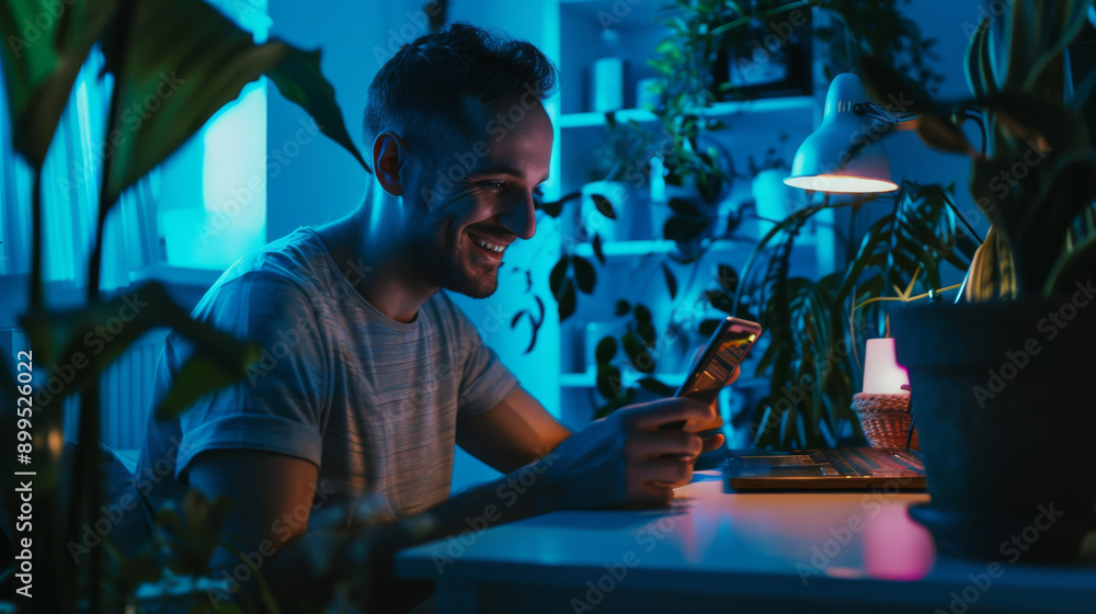 In a dimly lit room adorned with plants, a man smiles while engaging with his phone, capturing a serene and contented moment at home. In a dimly lit room adorned with plants, a man smiles while engaging with his phone, capturing a serene and contented moment at home.
