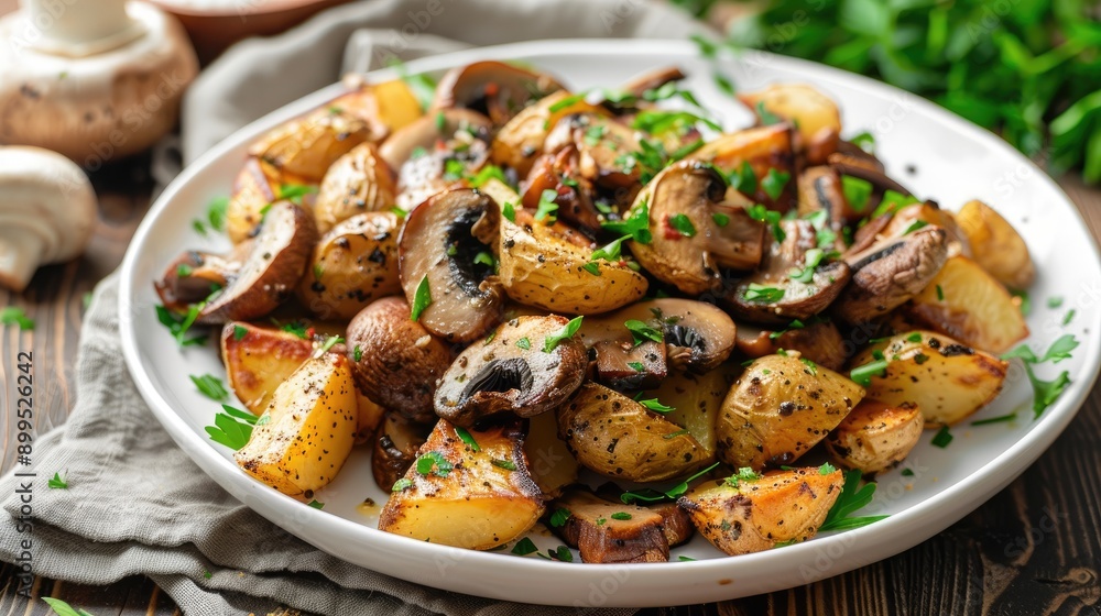 Roasted mushrooms and fried potatoes with parsley on white dish Roasted mushrooms and fried potatoes with parsley on white dish