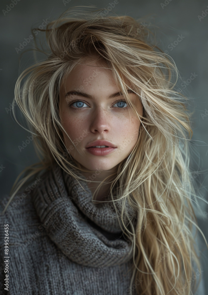 Young Woman With Flowing Blonde Hair Posing in Cozy Sweater Against Soft Neutral Background Young Woman With Flowing Blonde Hair Posing in Cozy Sweater Against Soft Neutral Background