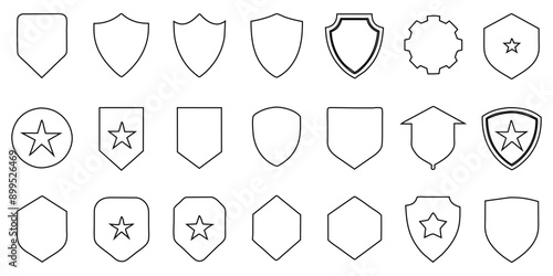 Lovely collection of line silhouette shields. Soccer, police, military, and other label collections are shaped by line badges. 
