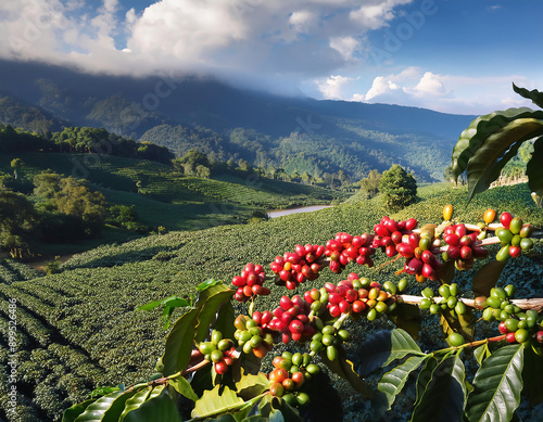 Ripe red and green coffee berries on green branches in coffee grove on mountain plantation