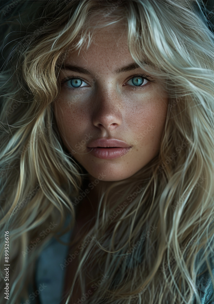Captivating Close-Up of a Young Woman With Long Blonde Hair and Striking Blue Eyes Captivating Close-Up of a Young Woman With Long Blonde Hair and Striking Blue Eyes