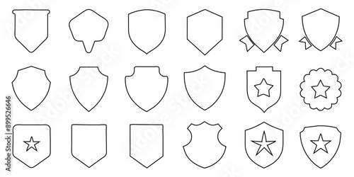 Lovely collection of line silhouette shields. Soccer, police, military, and other label collections are shaped by line badges. 
