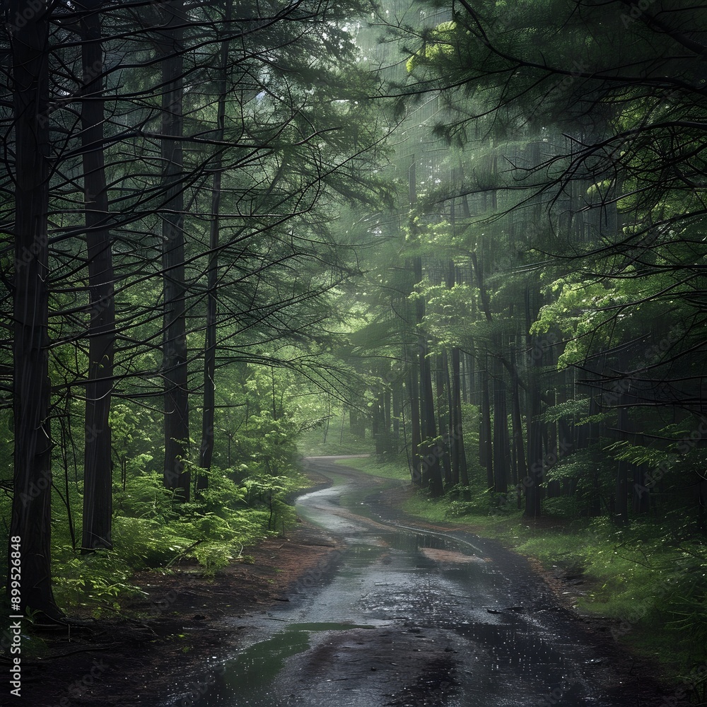 Fototapeta premium Mystical Forest Path with Gentle Rainfall Creating a Serene Atmosphere