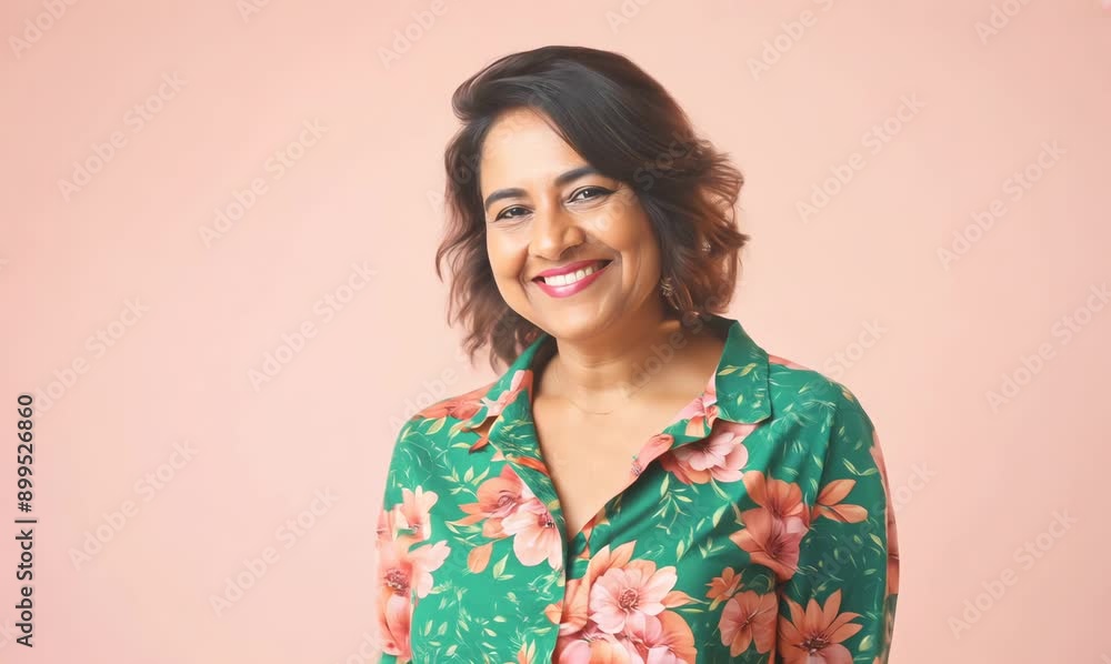 Portrait of a beautiful latin woman wearing floral shirt and smiling Portrait of a beautiful latin woman wearing floral shirt and smiling