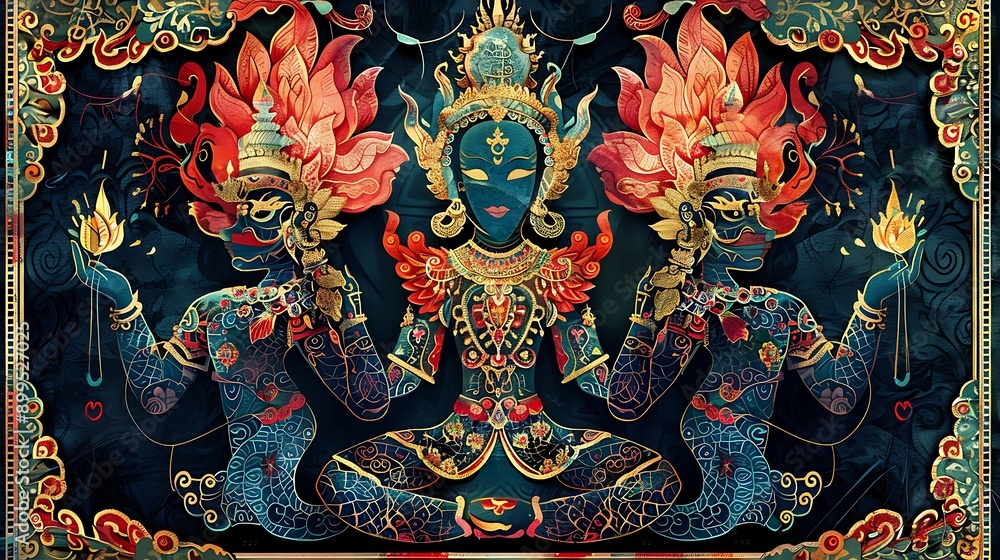 Intricate Illustration of Mythical Deity with Floral Motifs Intricate Illustration of Mythical Deity with Floral Motifs