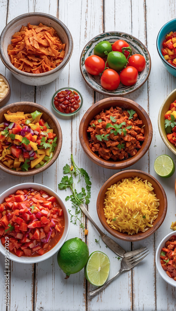 Top view of a colorful spread of Mexican food, including fresh tomatoes, peppers, and limes, arranged in bowls on a white wooden table, showcasing a festive and appetizing layout. Top view of a colorful spread of Mexican food, including fresh tomatoes, peppers, and limes, arranged in bowls on a white wooden table, showcasing a festive and appetizing layout.