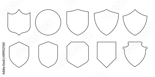 Lovely collection of line silhouette shields. Soccer, police, military, and other label collections are shaped by line badges. 
