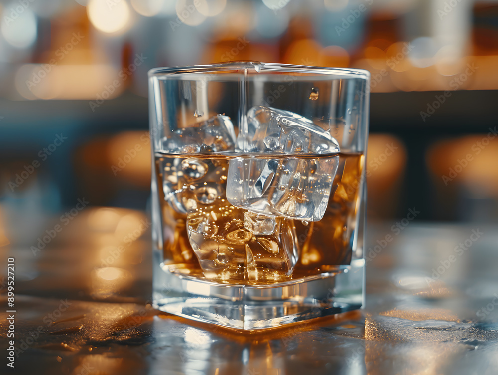 Whiskey with ice in a transparent glass. Neural network AI generated art Whiskey with ice in a transparent glass. Neural network AI generated art