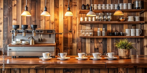 Cozy modern coffee shop interior featuring sleek wooden counter, elegant coffee machine, and array of cups and saucers on a rustic wooden coffee bar backdrop.