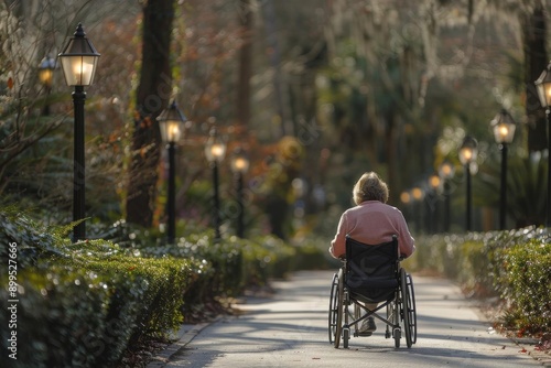 A person in a wheelchair traveling down a scenic, lantern-lit pathway in an autumn park. photo