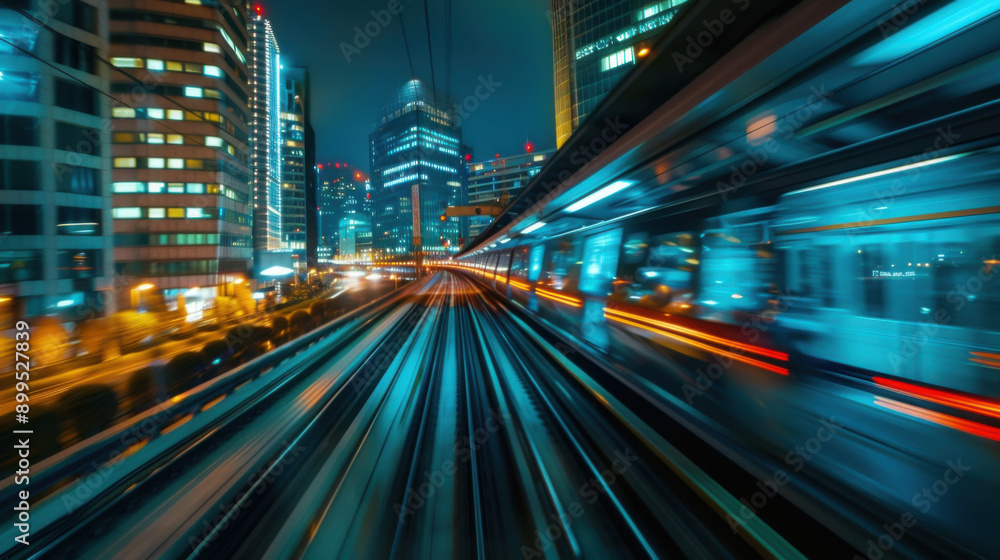 Dynamic motion blur of a high-speed train racing through a vibrant cityscape at night, with illuminated buildings. Dynamic motion blur of a high-speed train racing through a vibrant cityscape at night, with illuminated buildings.