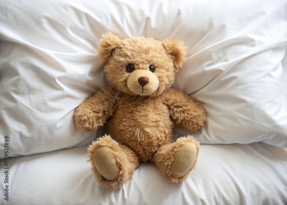 Adorable teddy bear lies on a plush white pillow, surrounded by soft wrinkles, with ample copy space, evoking feelings of comfort, innocence, and childhood nostalgia. Adorable teddy bear lies on a plush white pillow, surrounded by soft wrinkles, with ample copy space, evoking feelings of comfort, innocence, and childhood nostalgia.