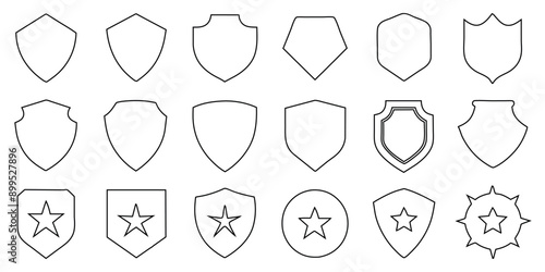 Lovely collection of line silhouette shields. Soccer, police, military, and other label collections are shaped by line badges. 