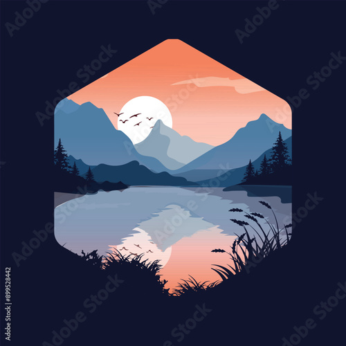 Mountain landscape at dusk, Illustration of beautiful mountains and lakes with birds flying in the sunlight, Vector landscape