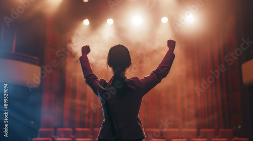 A triumphant person with arms raised stands on a stage under dramatic lighting, capturing a moment of achievement and applause. © VK Studio