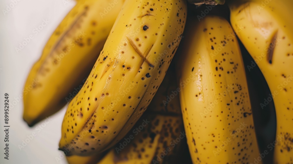 Ripe bananas with brown specks on their bright yellow peel, showcasing their natural sweetness and freshness as they hang in a bunch Ripe bananas with brown specks on their bright yellow peel, showcasing their natural sweetness and freshness as they hang in a bunch