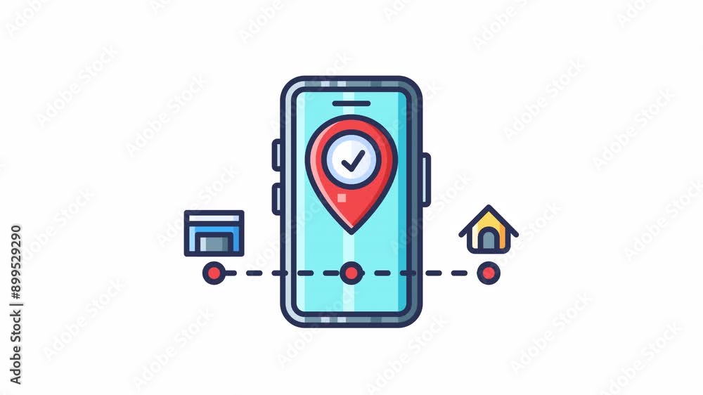 Online delivery tracking service. Smartphone with location marker and checkmark, home and warehouse icons, connected by dashed lines. Suitable delivery service theme. Looping transparent background. Online delivery tracking service. Smartphone with location marker and checkmark, home and warehouse icons, connected by dashed lines. Suitable delivery service theme. Looping transparent background.