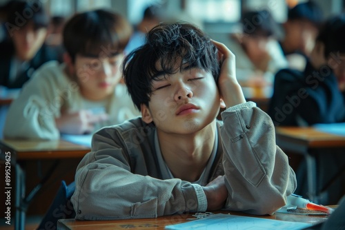 bored asian student sleeping on his desk in the school classroom. holding his head with his hand. Generative AI