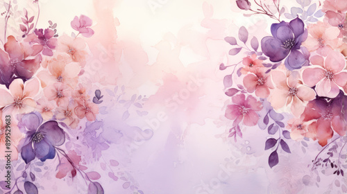Soft, pastel floral background with shades of pink, purple, and white. The flowers and leaves are artistically stylized, resembling a watercolor effect. Dreamy aesthetic.