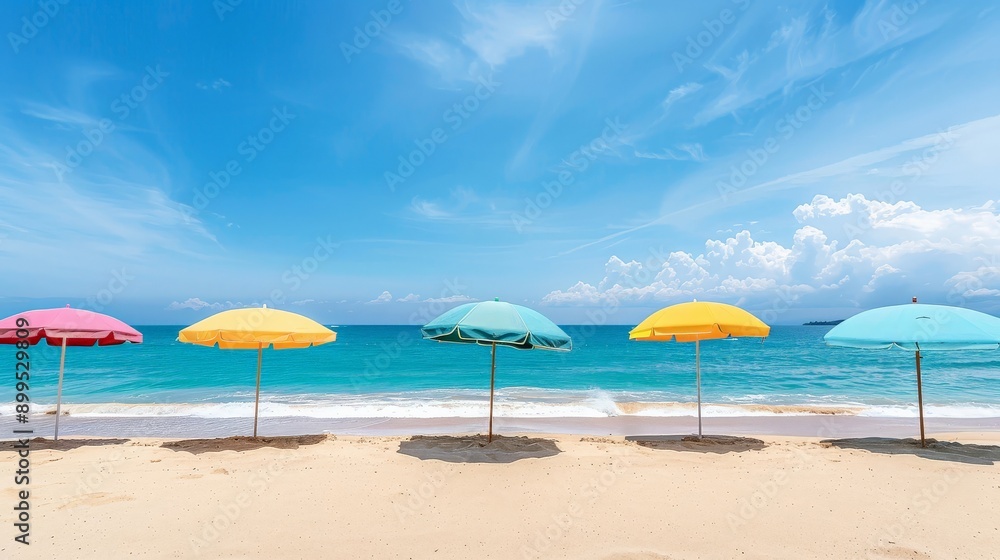 Serene beach scene with pastel-colored umbrellas dotting the sandy shore Serene beach scene with pastel-colored umbrellas dotting the sandy shore