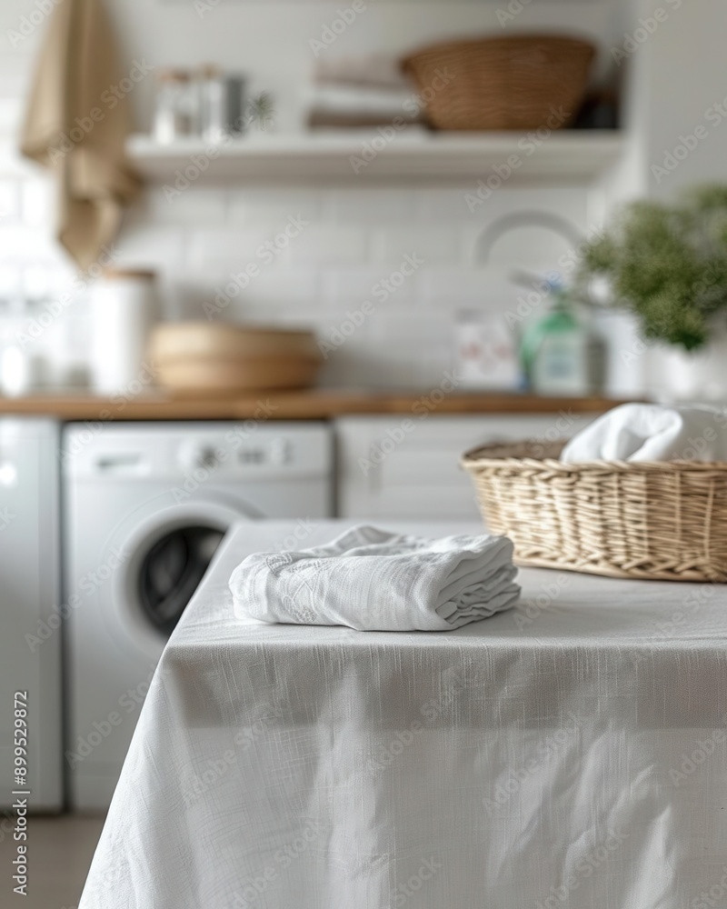 Closeup of a white table with a clean white tablecloth in a laundry room Closeup of a white table with a clean white tablecloth in a laundry room