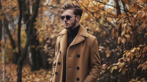 A man in a stylish overcoat and sunglasses stands amidst an autumn forest, exuding confidence and contemporary elegance. photo