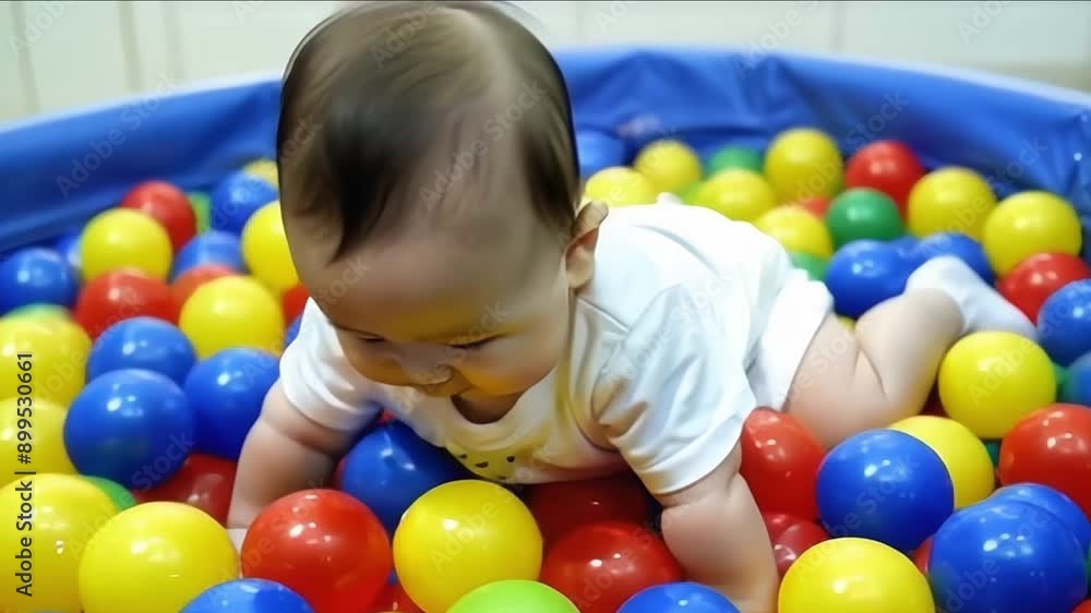 A baby is playing in a ball pit A baby is playing in a ball pit