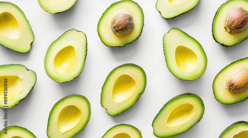 Fresh ripe avocado halves arranged in a minimalist pattern on a white background Fresh ripe avocado halves arranged in a minimalist pattern on a white background