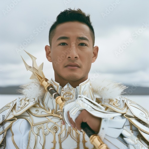 Medium shot of man with knight armors holding trident, frame by torso, isolated on a white background,  photo