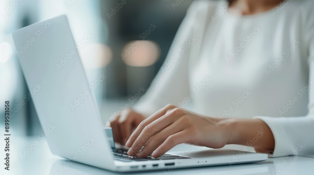 Fototapeta premium Romantic couple shopping online together at a table with a laptop. Woman holding a credit card. Love and technology concept.