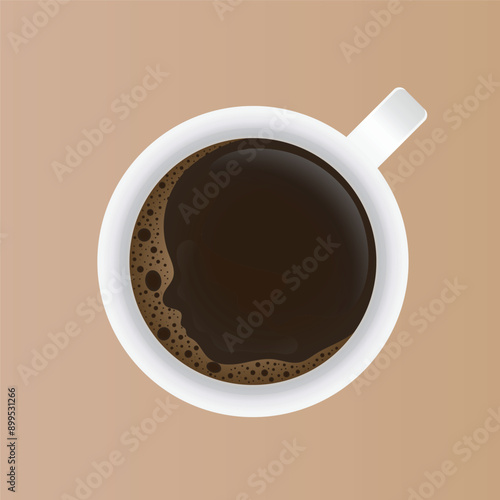 A birds eye view of a coffee cup illustration with person silhouette in the coffee