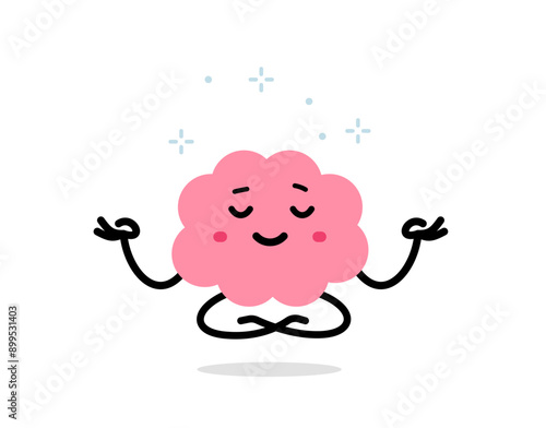 Vector cartoon meditation illustration of cute calm brain character in lotus yoga pose on white color background. Flat doodle style design of smile relax brain
