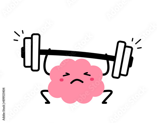 Vector cartoon illustration of strong brain character lift barbell hardly on white color background. Flat doodle style design of healthy brain exercise with difficult weight