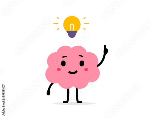 Vector cartoon illustration of cute happy brain think creative idea on white color background. Flat doodle style design of smile brain character with yellow light bulb