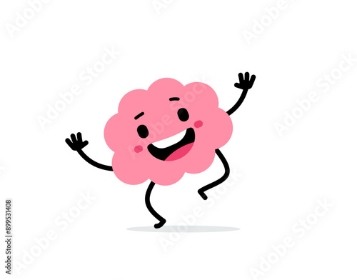Vector cartoon illustration of cute happy brain character with open mouth and wave hand on white color background. Flat doodle style design of smile brain walk