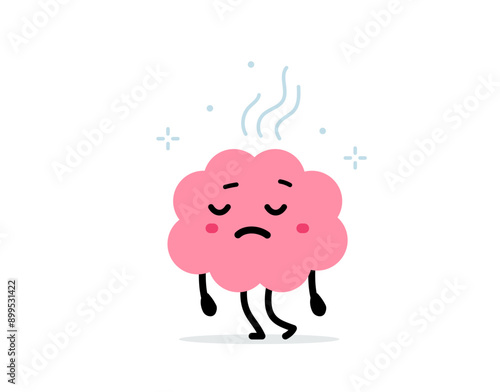 Vector cartoon illustration of cute unhappy overwork brain character on white color background. Flat doodle style design of burnout and tired brain need rest
