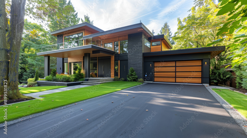 Modern Architectural Design of a Contemporary House Surrounded by Lush Greenery in Late Afternoon Light Modern Architectural Design of a Contemporary House Surrounded by Lush Greenery in Late Afternoon Light