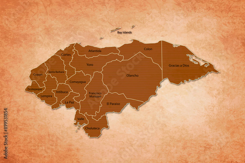 Honduras Map. Honduras Map with federal states in A vintage Color Texture Background photo