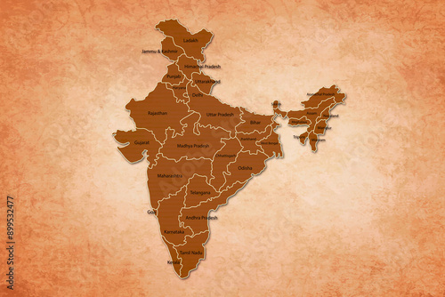 India Map. India Map with federal states in A vintage Color Texture Background photo