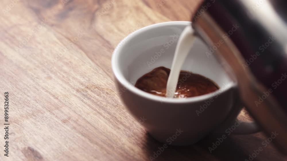 Slow motion closeup pour steamed milk into coffee with big bubbles Slow motion closeup pour steamed milk into coffee with big bubbles