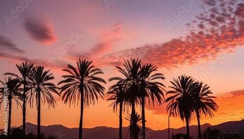 Sun-kissed Silhouettes Silhouettes of palm trees against a vibrant orange and pink sky at dusk.