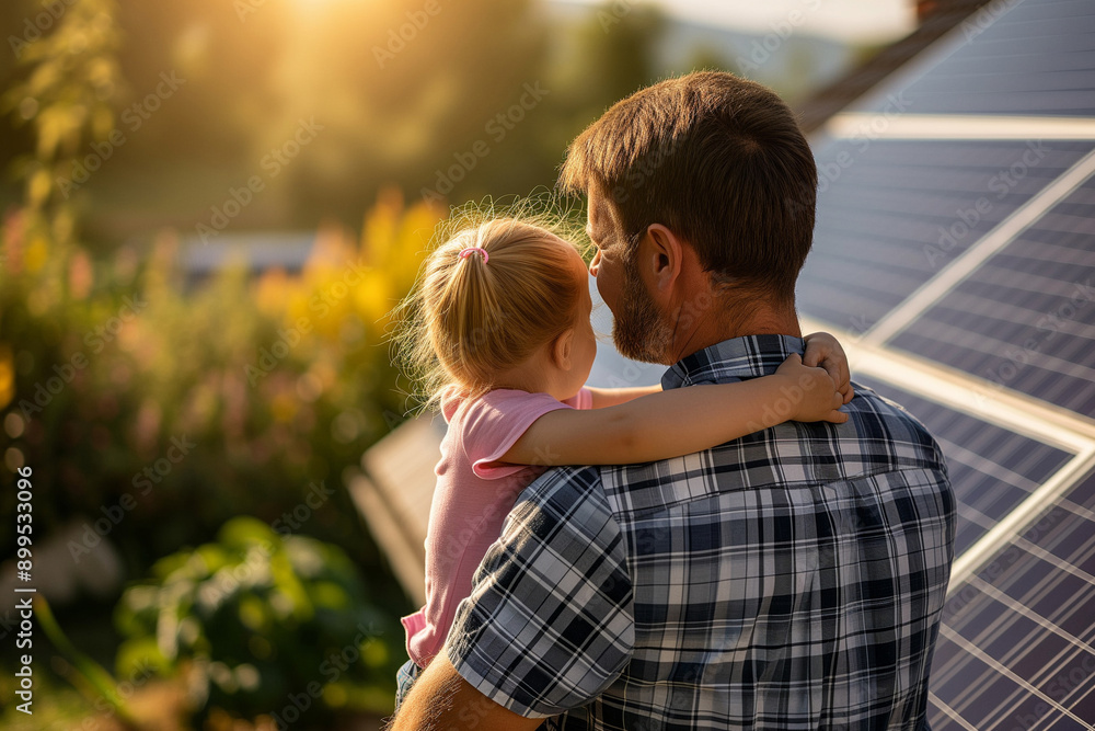 Fototapeta premium Rear view of dad holding her little girl in arms and showing solar panels