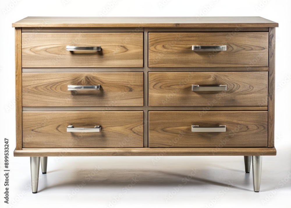 Beautifully styled modern wooden dresser with ornate metal handles and soft-close drawers stands alone on a clean and minimalist white background. Beautifully styled modern wooden dresser with ornate metal handles and soft-close drawers stands alone on a clean and minimalist white background.