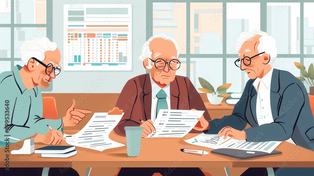 Three elderly men are engaged in discussion while reviewing documents at a conference table, showcasing teamwork in a vibrant office setting. Generative AI Three elderly men are engaged in discussion while reviewing documents at a conference table, showcasing teamwork in a vibrant office setting. Generative AI
