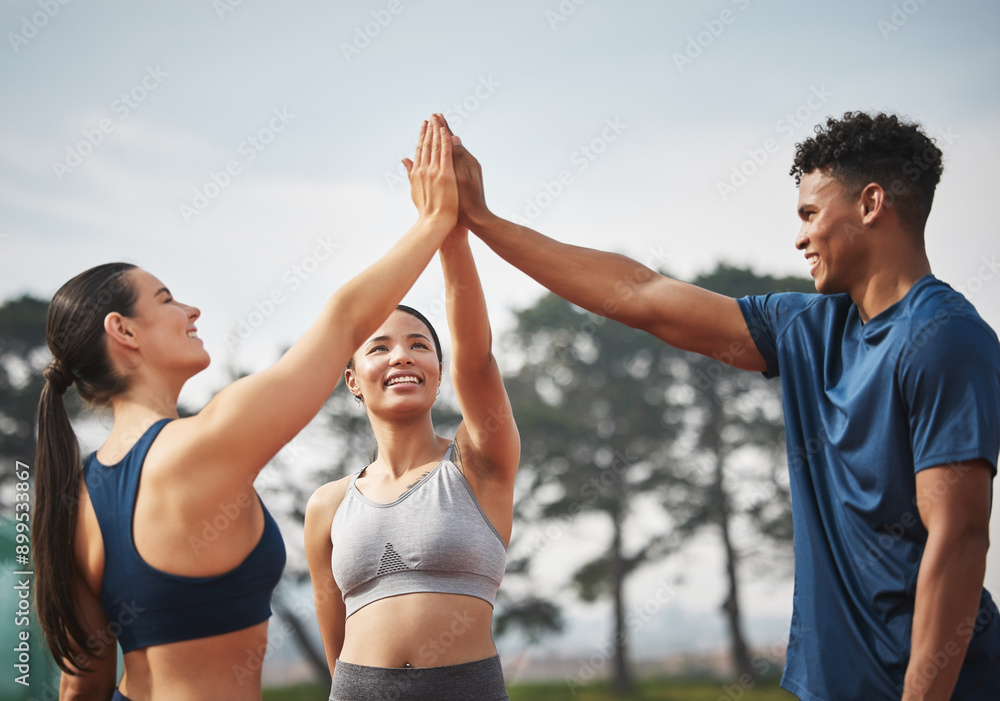Fitness, happy and people high five in nature for goals for marathon training, exercise and workout. Friends, teamwork and men and women with hand gesture for wellness, competition and race outdoors Fitness, happy and people high five in nature for goals for marathon training, exercise and workout. Friends, teamwork and men and women with hand gesture for wellness, competition and race outdoors