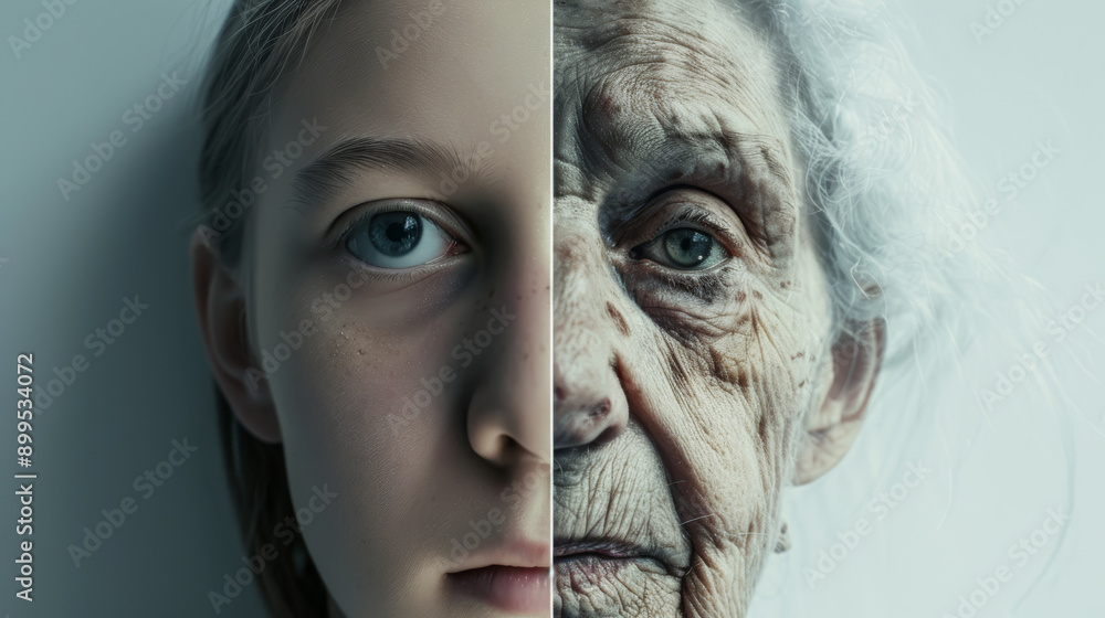 A juxtaposition of youth and old age, showing half of a young girl’s face merged with an elderly woman’s, capturing the essence of life’s progression. A juxtaposition of youth and old age, showing half of a young girl’s face merged with an elderly woman’s, capturing the essence of life’s progression.
